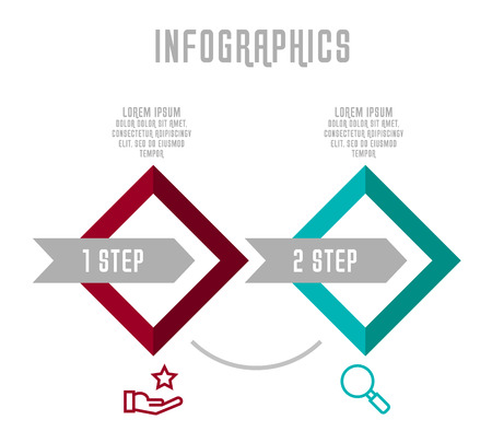 Modern 3D vector illustration. Infographic template with two elements, rhombus, arrows. Timeline step by step. Designed for business, presentations, web design, diagrams, chart, training with 2 steps.のイラスト素材
