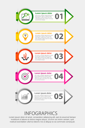 Modern 3D vector illustration. Circular step lable infographic template with five elements and arrows. Contains icons and text. Designed for business, presentations, workflow layout, 5-step diagrams.のイラスト素材