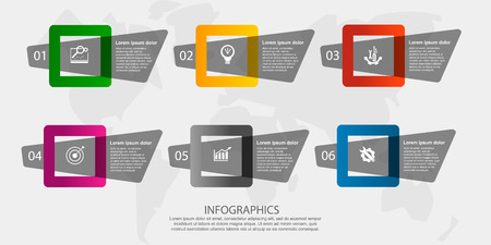 Modern 3D vector illustration. Petal label infographic template with six elements and squares. Contains icons and text. Designed for business, presentations, workflow layout, 6 step diagrams.のイラスト素材