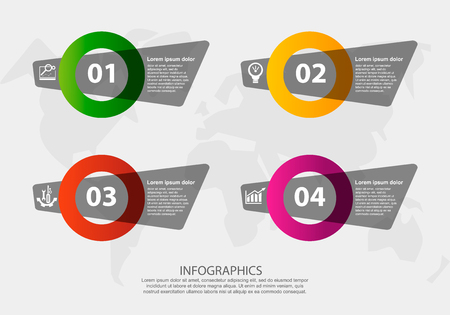 Modern 3D vector illustration. Petal label infographic template with four elements and circles. Contains icons and text. Designed for business, presentations, workflow layout, 4 step diagrams.のイラスト素材