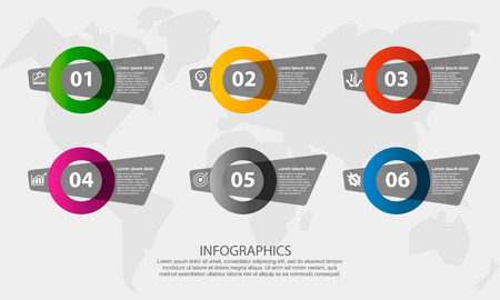 Modern 3D vector illustration. Petal label infographic template with six elements and circles. Contains icons and text. Designed for business, presentations, workflow layout, 6 step diagrams.のイラスト素材
