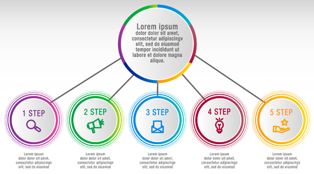 Modern vector illustration 3D data visualization. Infographic circles template with five elements, sectors, icons. Designed for business, presentations, web design, interface, diagrams with 5 stepsのイラスト素材