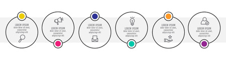 Modern and simple flat vector illustration. Infographic template with six circles, elements, sectors and percentages. Designed for business, presentations, web design, interface 6 step diagramsのイラスト素材