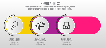 Modern and simple 3D vector illustration. Infographic template with three circles, elements, sectors and arrows. Designed for business, presentations, web design, interface 3 step diagrams.のイラスト素材