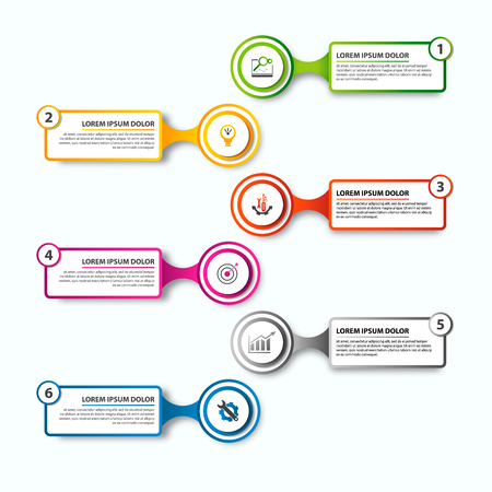Modern vector illustration. Infographic template with six elements rectangle, circles and text. Step by step. Designed for business, presentations, web design, diagrams with 6 steps.のイラスト素材