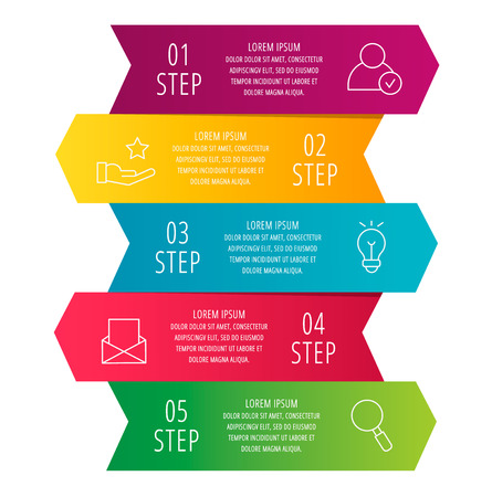 Modern 3D vector illustration. Infographic template with five arrows, text. Step by step. Designed for business, presentations, web design, diagrams, education with 5 stepsのイラスト素材