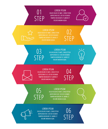Modern 3D vector illustration. Infographic template with six arrows, text. Step by step. Designed for business, presentations, web design, diagrams, education with 6 stepsのイラスト素材