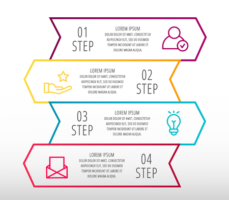 Modern line vector illustration. Infographic template with four arrows, text. Step by step. Designed for business, presentations, web design, diagrams, education with 4 stepsのイラスト素材