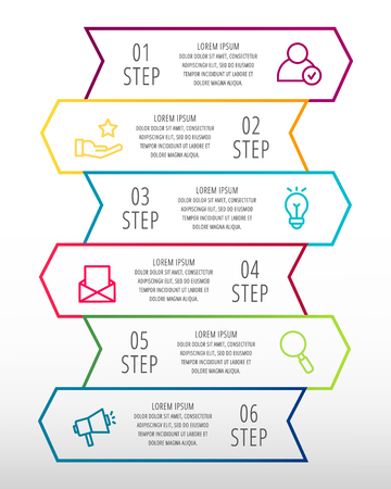 Modern line vector illustration. Infographic template with six arrows, text. Step by step. Designed for business, presentations, web design, diagrams, education with 6 stepsのイラスト素材