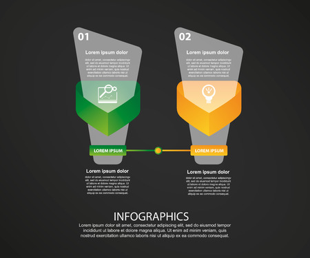 Modern 3D vector illustration. Petal label infographic template with two elements and triangle. Designed for business, presentations, workflow layout, 2 step diagrams on a dark backgroundのイラスト素材