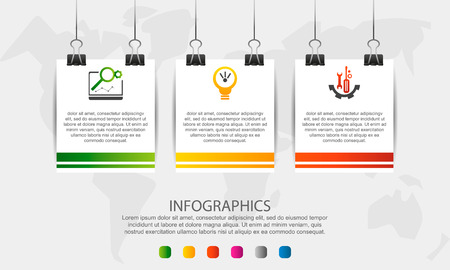 Modern 3D vector illustration. Infographic square template with three elements, icons, clips. Step by step designed for business, presentations, web design, interface, workflow, diagrams with 3 stepのイラスト素材
