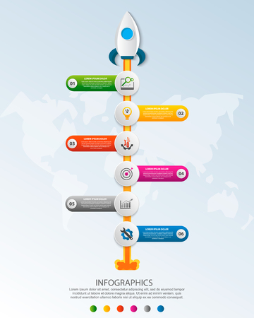 Timeline startup infographics with six circle and icons template. 3D vector illustration rocket on a blue background. Used for business, planning, strategy, workflow layout, diagrams with 6 stepsのイラスト素材