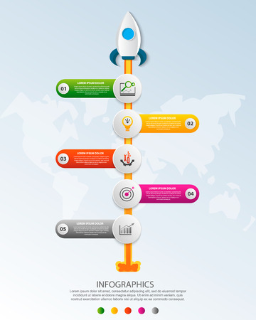 Timeline startup infographics with five circle and icons template. 3D vector illustration rocket on a blue background. Used for business, planning, strategy, workflow layout, diagrams with 5 stepsのイラスト素材