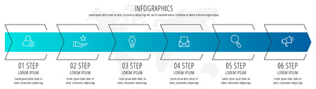 Modern vector flat illustration. Infographic arrows template with six elements, shapes, icons. Timeline designed for business, presentations, web design, interface, education, diagrams with 6 stepsのイラスト素材