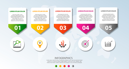 Modern 3D vector illustration. Circular infographic template with five elements, icons and figures. Designed for business, presentations, web design, applications, interfaces, diagrams with 5 steps.のイラスト素材