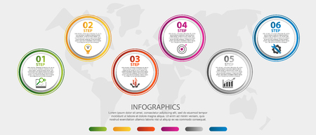 Modern 3D vector illustration. Circular infographic template with six elements. Icons and text. Designed for business, presentations, web design, applications, interfaces, diagrams with 6 steps.のイラスト素材