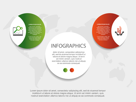 Modern 3D vector illustration. Circular infographic template with two elements. Icons and text. Designed for business, presentations, web design, applications, interfaces, diagrams with 2 steps.のイラスト素材