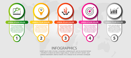 Modern 3D vector illustration. Circular infographic template with five elements, icons and figures. Designed for business, presentations, web design, applications, interfaces, diagrams with 5 steps.のイラスト素材