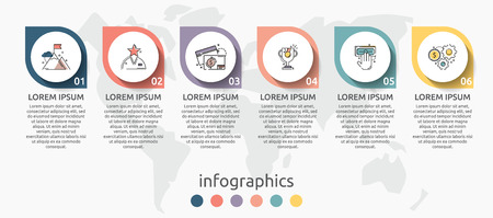 Vector infographic flat template circles for six label, diagram, graph, presentation. Business concept with 6 options and arrows. For content, flowchart, steps, timeline, workflow, marketing. EPS10のイラスト素材
