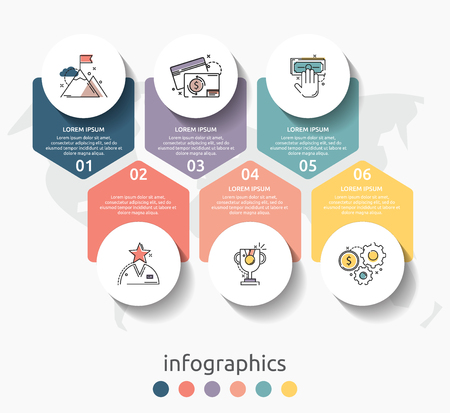 Vector infographic flat template circles for six label, diagram, graph, presentation. Business concept with 6 options and arrows. For content, flowchart, steps, timeline, workflow, marketing. EPS10のイラスト素材