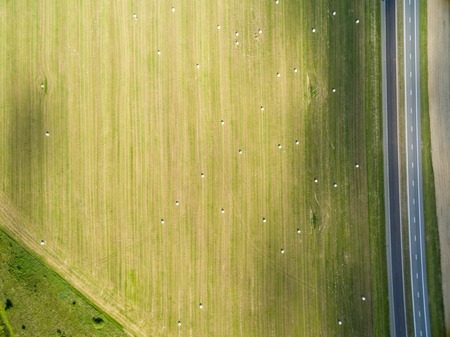 Aerial top view rural field with the harvest, hay in summer. Photo in Belarus. Nature from a bird's eye viewの写真素材
