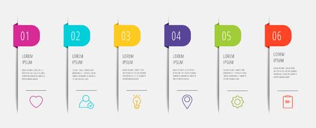 Vector infographic flat template for six paper label, diagram, graph, presentation. Business concept with 6 options. Blank space for content, step for step, timeline, workflow, marketingのイラスト素材