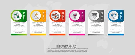 Vector modern infographic flat template circle 3D label for six diagrams, graph, presentation. Business concept with 6 options. Blank space for content, step for step, timeline, workflow, web, bannerのイラスト素材