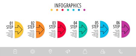 Vector infographic flat template. Semicircle with arrow for six diagrams, graph, flowchart, timeline, marketing, presentation. Business concept with 6 labelsのイラスト素材