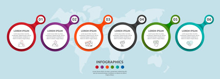 Vector flat template circle infographics. Business concept with 6 options and parts. Six steps for content, flowchart, timeline, levels, marketing, presentation, graph, diagrams, slideshowのイラスト素材
