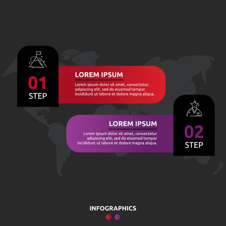 Vector infographic template on black background. Labels with text and icons for two diagrams, graph, flowchart, timeline, marketing, presentation. Business concept with two optionsのイラスト素材
