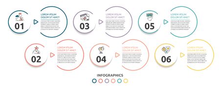 Vector flat infographic template. Line circles with text and icons for six diagrams, graph, flowchart, timeline, marketing, presentation. Business concept with 6 optionsのイラスト素材