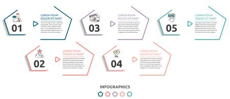 Vector flat infographic template. Line pentagon with text and icons for five diagrams, graph, flowchart, timeline, marketing, presentation. Business concept with 5 optionsのイラスト素材