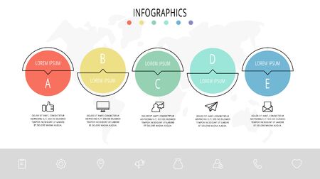 Vector flat line template circle infographics. Business concept with 5 options and arrows. Five steps for content, flowchart, timeline, levels, marketing, presentation, graph, diagrams, slideshowのイラスト素材