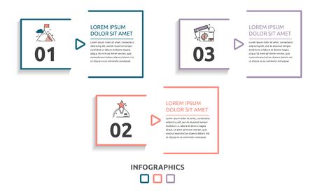 Vector flat infographic template. Line square with text and icons for three diagrams, graph, flowchart, timeline, marketing, presentation. Business concept with 3 optionsのイラスト素材