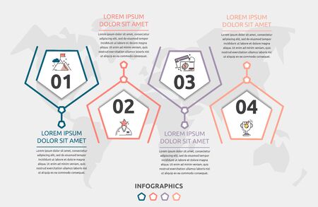 Vector flat infographic template. Line pentagon with text and icons for four diagrams, graph, flowchart, timeline, marketing, presentation. Business concept with 4 optionsのイラスト素材