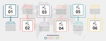 Vector flat infographic template. Line square with text and icons for six diagrams, graph, flowchart, timeline, marketing, presentation. Business concept with 6 optionsのイラスト素材