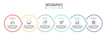 Vector flat line template circle infographics. Business concept with 6 options and arrows. Six steps for content, flowchart, timeline, levels, marketing, presentation, graph, diagrams, slideshowのイラスト素材