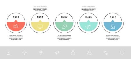 Vector flat line template circle infographics. Business concept with 5 options and arrows. Five steps for content, flowchart, timeline, levels, marketing, presentation, graph, diagrams, slideshowのイラスト素材