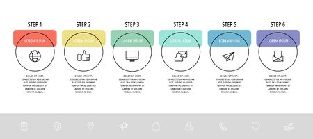 Vector flat line template circle infographics. Business concept with 6 options and arrows. Six steps for content, flowchart, timeline, levels, marketing, presentation, graph, diagrams, slideshowのイラスト素材