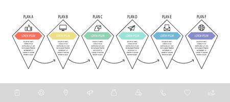 Vector infographic template with line rhombus. Business data visualization with 6 marketing icons. Six steps for content, process, timeline, web, marketing, presentation, graph, diagramsのイラスト素材