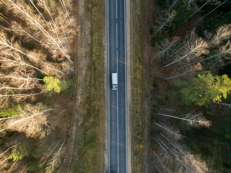 Asphalt road with car passing through a green forest in the autumn. Landscape aerial view. Top view