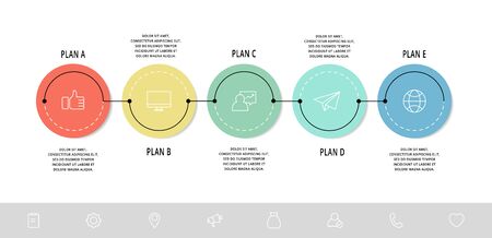 Vector flat infographic template. Circles with text and icons for five diagrams, graph, flowchart, timeline, marketing, presentation. Business concept with 5 optionsのイラスト素材