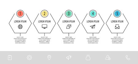 Vector flat infographic template. Line hexagon with text and icons for five diagrams, graph, flowchart, timeline, marketing, presentation. Business concept with 5 optionsのイラスト素材