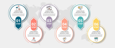 Vector flat template circle infographics. Business concept with 6 options and arrows. Six steps for content, flowchart, timeline, levels, marketing, presentation, graph, diagrams, slideshowのイラスト素材