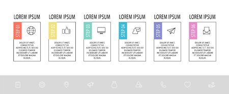 Vector infographic flat template. Rectangles for six diagrams, graph, flowchart, timeline, marketing, presentation. Business concept with 6 labelsのイラスト素材