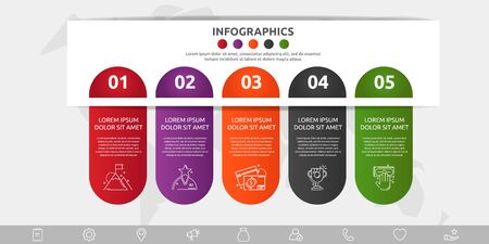 Vector infographic flat template. Shape with icons for five diagrams, graph, flowchart, timeline, workflow, web. Business concept with 5 labelsのイラスト素材