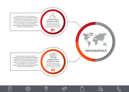 Vector infographic with main circle and 2 labels. Circles with icons for two diagrams, graph, flowchart, timeline, marketing, presentation. Creative business conceptのイラスト素材
