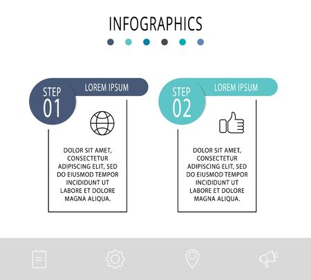 Vector infographic flat template. Circle with icons for two diagrams, graph, flowchart, step for step, timeline, marketing, presentation. Business concept with 2 labelsのイラスト素材