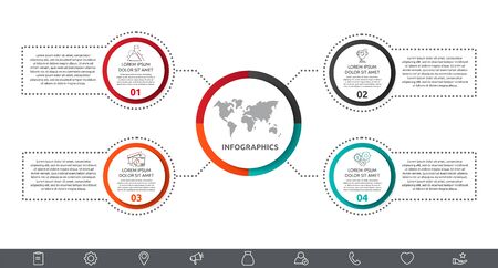 Vector infographic with main circle and 4 labels. Circles with icons for four diagrams, graph, flowchart, timeline, marketing, presentation. Creative business conceptのイラスト素材
