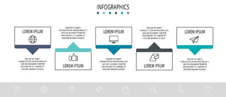 Vector infograph flat template. Shape with arrow for five diagrams, graph, flowchart, timeline, marketing, presentation. Business concept with 5 labelsのイラスト素材
